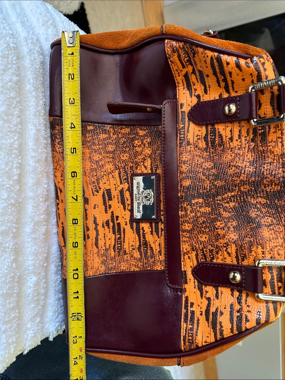 Sharif Orange & Burgundy Patterned Satchel with Gold Hardware - Picture 10 of 13